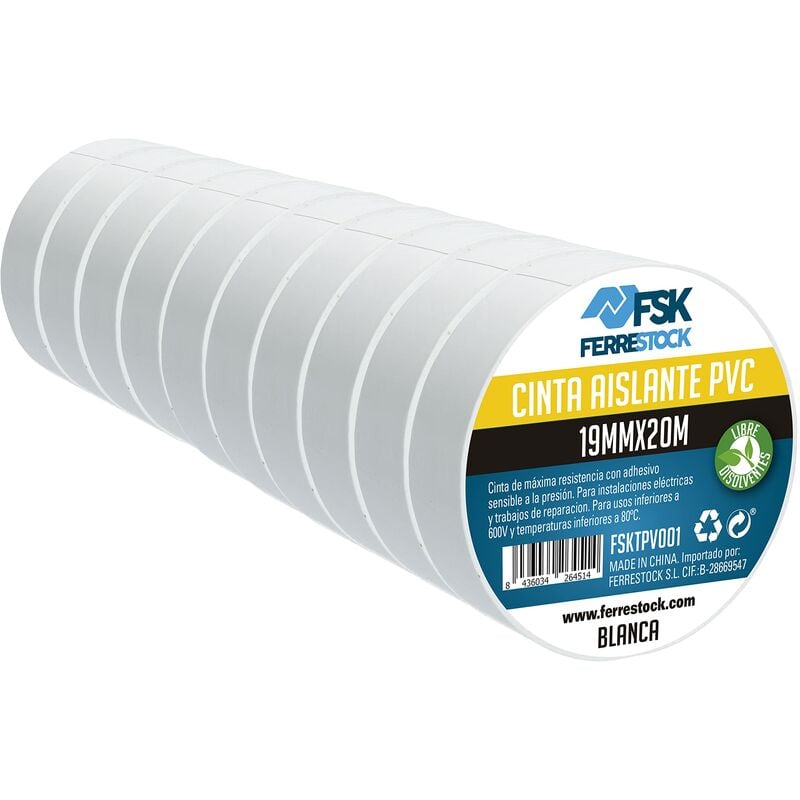 Fsktpv001 nastro isolante, Bianco, 19 mm x 20 m Set da 10 pezzi - Ferrestock