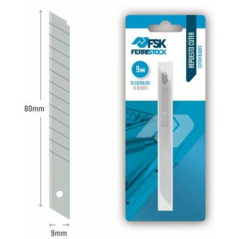 Ferrestock FSKTWR009B blíster con dispensador de 10 cuchillas de recambio para cúter de 9mm, afilado de precisión para cortar de forma limpia y profesional cualquier material