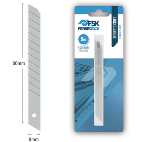 Ferrestock FSKTWR009B blíster con dispensador de 10 cuchillas de recambio para cúter de 9mm, afilado de precisión para cortar de forma limpia y profesional cualquier material