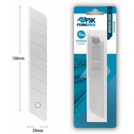 Ferrestock FSKTWR025B blíster con dispensador de 10 cuchillas de recambio para cúter de 25mm, afilado de precisión para cortar de forma limpia y profesional cualquier material