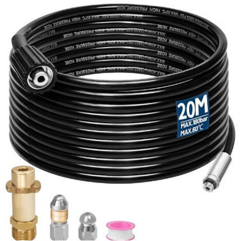 Ferret de débouchement de canalisation 180 Bar / 60 °C avec buse rotative haute pression et adaptateur. Outil compatible avec tous les nettoyeurs haute pression Karcher de la gamme K2 à K7-20,M