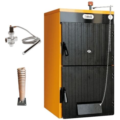 Ferroli – Chaudière à bois 27 kW – Construction en fonte G20 – Isolation en laine de verre – Longueur bûches 40 cm – Serpentin et soupape de sécurité inclus