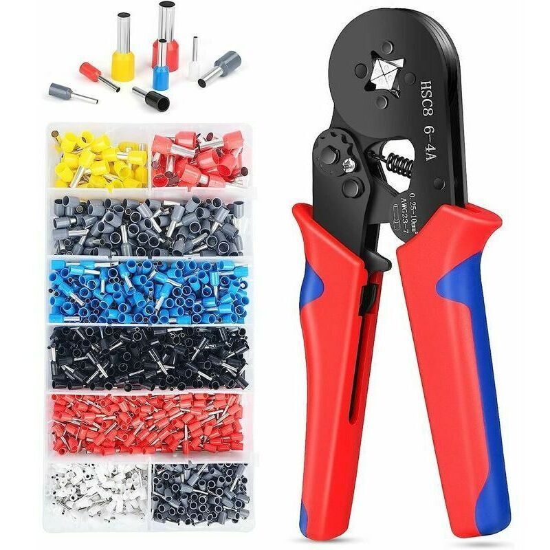 Ferrule crimping tool kit with 1250-piece wire ferrule terminal kit, self-adjusting crimping tool, ferrule crimping tool for AWG 23–7 (0.25–10 mm²)