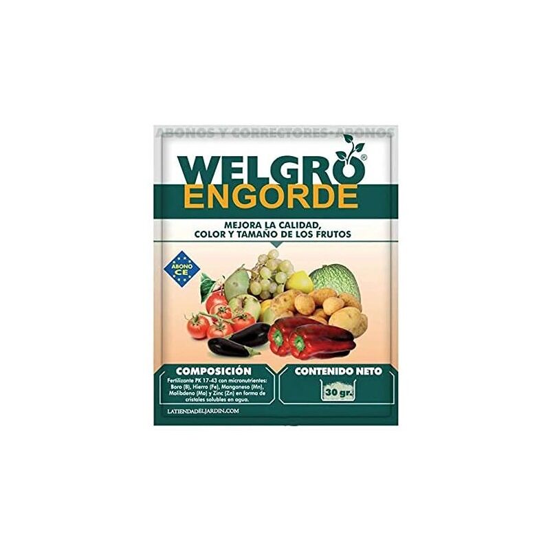 

Suinga - Fertilizante Welgro Engorde 30 gr. Mejora calidad, color y tamaño de los frutos