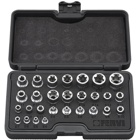 Fervi – Coffret de 28 clés douille intérieur Torx 1/4" 3/8" 1/2" – Adapté pour boulons Torx – Coffret de mécanique professionnel