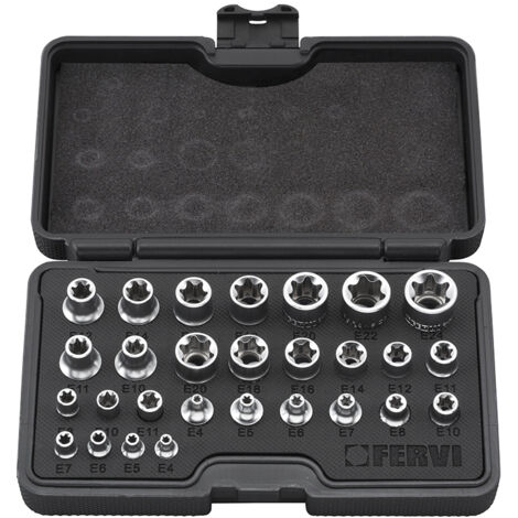 Fervi – Coffret de 28 clés douille intérieur Torx 1/4" 3/8" 1/2" – Coffret cliquet avec douilles – Pour boulons Torx – Usage professionnel