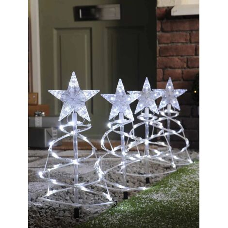 Festive Outdoor Set of 4 Spiral Pathfinder Christmas Trees Lights White