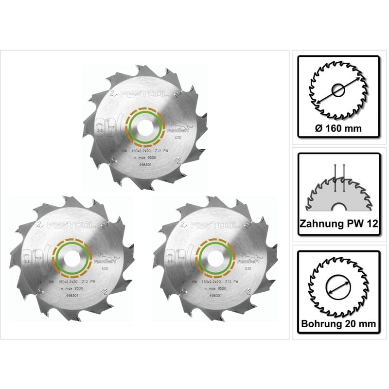 Festool - 3x Panther Lames de scie circulaire hw 160x2,2x20 PW12 160 mm 12 Dents ( 3x 496301 )