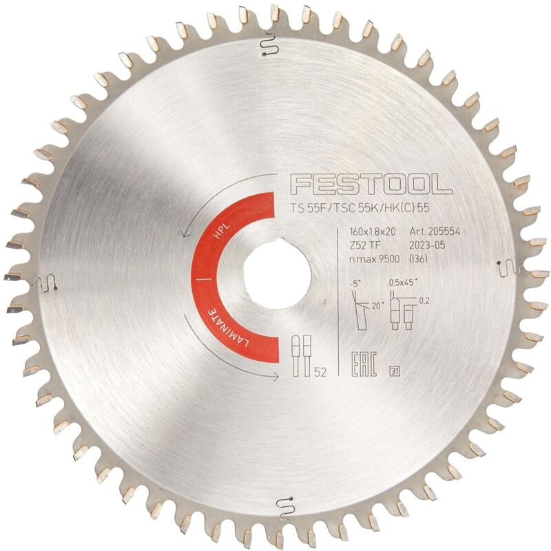 205554 Saw Blade hw 160x1.8x20 TF52 laminate/hpl - Festool