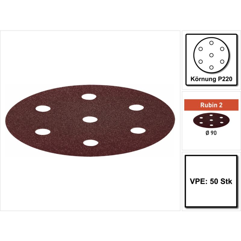Rubin 2 stf D90/8 P220 RU2/50 Disque abrasif 90 mm P220 50 pcs ( 499084 ) pour ponceuse excentrique ro 90 dx à engrenages - Festool