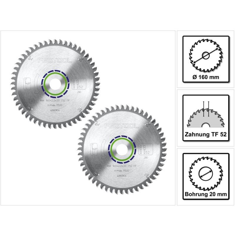 Festool - Jeu de lames de scie circulaire spéciales 2x hw 160 x 20 x 2,2 mm TF52 ( 2x 496306 ) 160 mm 52 dents