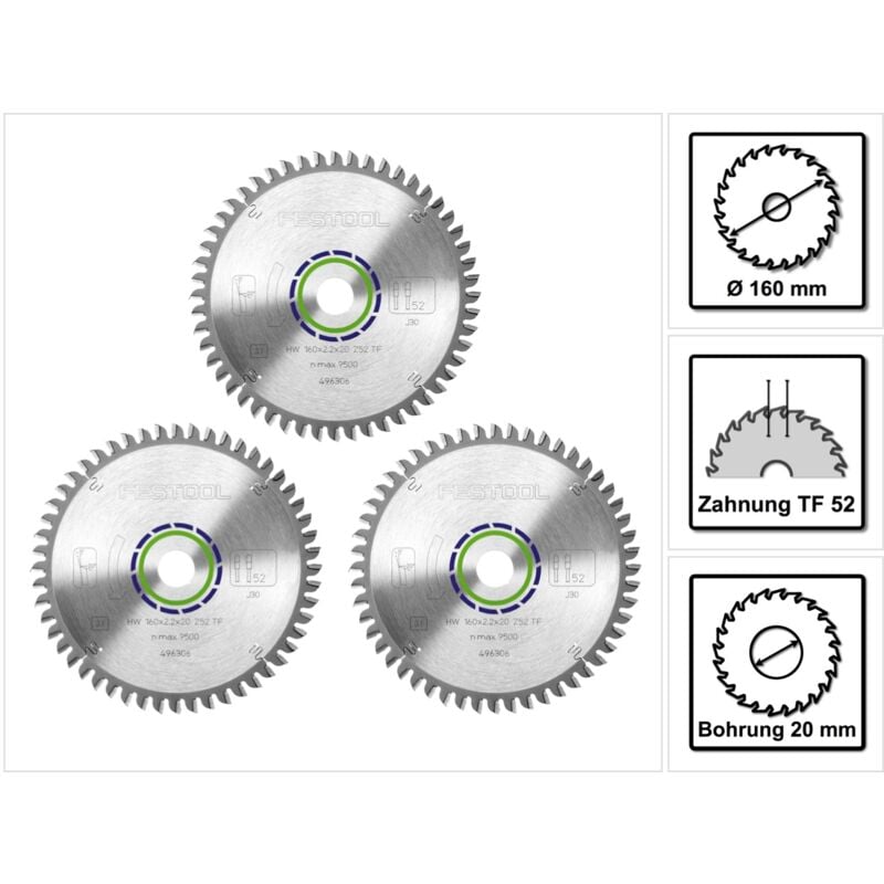 Festool Jeu de lames de scie circulaire spéciales 3x HW 160 x 20 x 2,2 mm TF52 ( 3x 496306 ) 160 mm 52 dents
