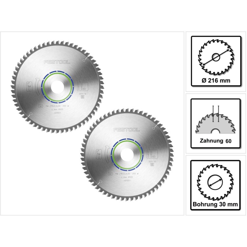 Festool - aluminium/plastics W60 Lame de scie circulaire, 216 mm, 60 dents, 2pcs. (2x 491051)