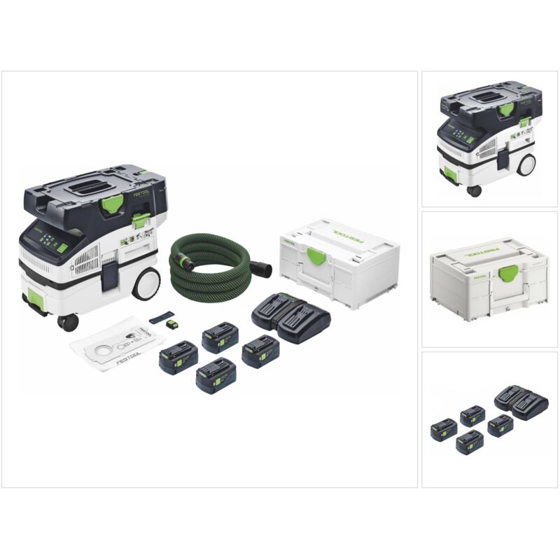 Ctlc mini I-Plus Aspirateur sans fil mobile 36 v ( 2x 18 v ) classe de poussière l ( 577670 ) + 4x batterie 5,0 Ah + chargeur double + Systainer