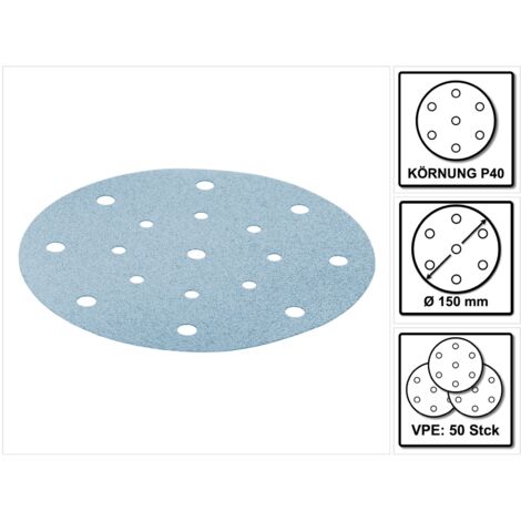 Lot de 50 disques abrasifs Ø150 mm P40 – Pour ponçage laques modernes et supports durs – Compatible avec ponceuses Festool