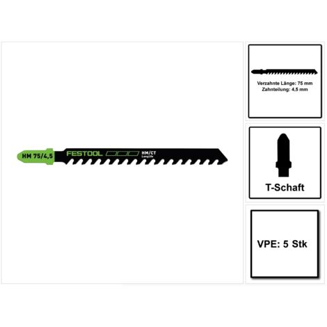 Festool HM 75/4,5/5 Building Materials Abrasive Materials Lame de scie sauteuse 75 mm 5 pces ( 5x 204343 ) Panneaux de particules et de fibres à liant plâtre et ciment