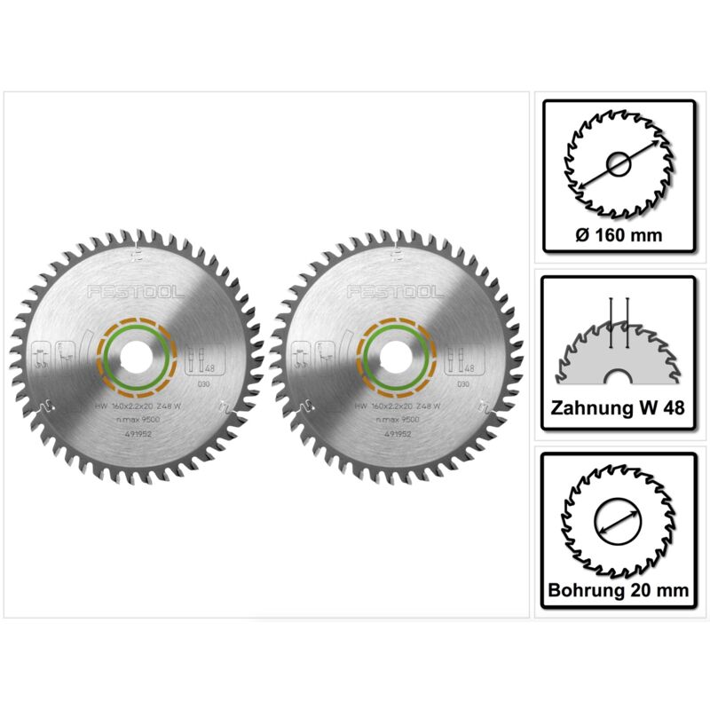 

Festool Hoja de sierra de diente fino 160 x 20 x 2,2 mm W48 / 2 unidades ( 2x 491952 )