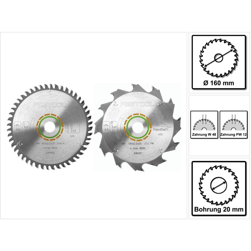 

Hoja de sierra de diente fino 160 x 20 x 2,2 mm W48 ( 491952 ) + Hoja de sierra Panther 160 x 20 x 2,2 mm PW12 ( 496301 ) - Festool