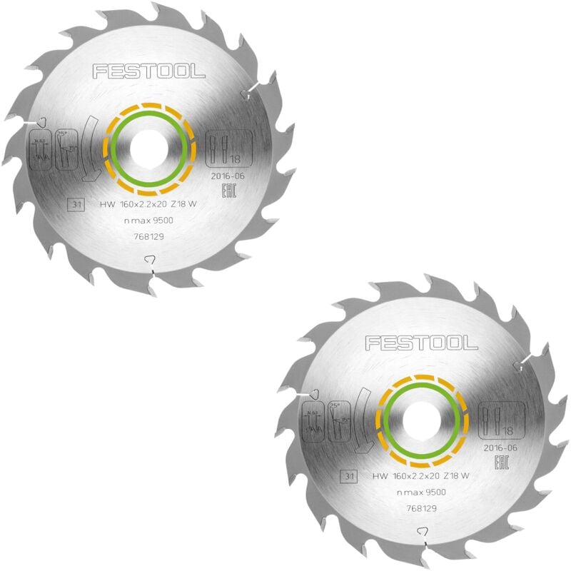 Festool - hw 160x2,2x20 W18 Lame circulaire wood standard 2 pcs ( 2x 768129 ) 160 x 2,2 x 20 mm 18 dents pour tous les matériaux en bois, bois