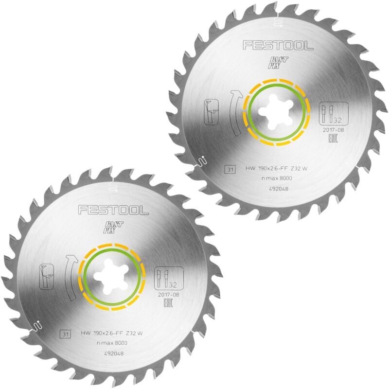 Festool - hw 190x2,6 ff W32 Lame de scie circulaire wood universal 2 pces ( 2x 492048 ) 190 x 2,6 mm 32 dents pour tous les bois, matériaux dérivés