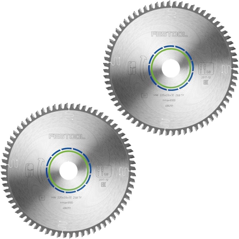 Festool HW 225x2,6x30 TF68 Lame circulaire Aluminium / Plastics 2 pces ( 2x 488291 ) 225 x 2,6 x 30 mm 68 dents pour aluminium, métaux non ferreux,