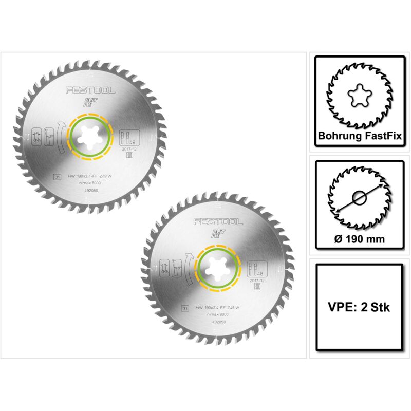 Hw Lame de scie circulaire 190 x 2,4 mm xFF - W48 190 mm - 48 dents, FastFix - 2 pcs. (2x 492050) - Festool