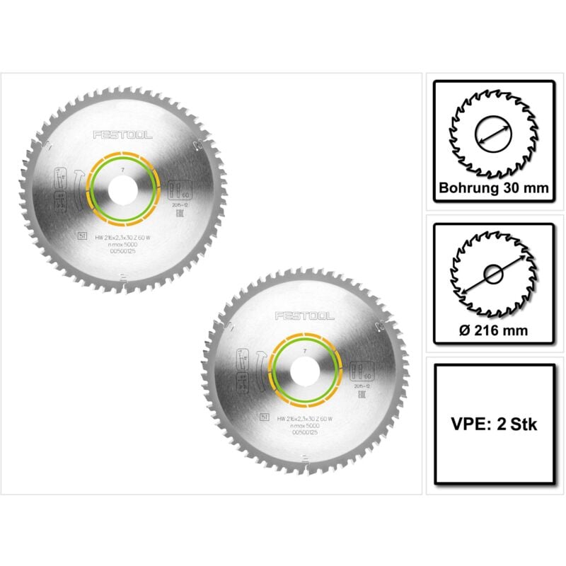 Hw Lame de scie circulaire 216 x 2,3 x 30 mm, W60 - 216 mm, 60 dents - 2pcs. (2x 500125) - Festool