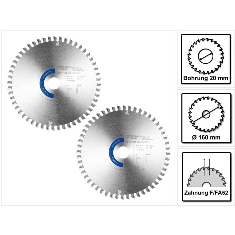 Hw Lame de scie circulaire Aluminium / Plastics 160 x 1,8 x 20 mm F/FA52 - pour scies plongeantes ts 55 f, tsc 55 k & scies circulaires portatives hk