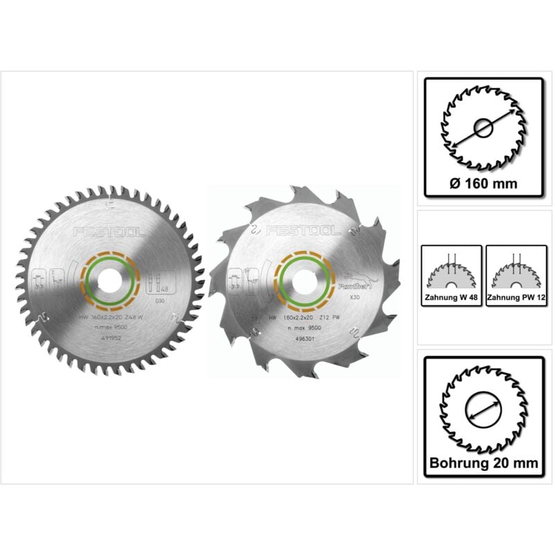 Festool - lame de scie circulaire à denture fine hw 160 x 20 x 2,2 mm W48 160 mm 48 dents ( 491952 ) + lame de scie circulaire Panther hw 160 x 20 x