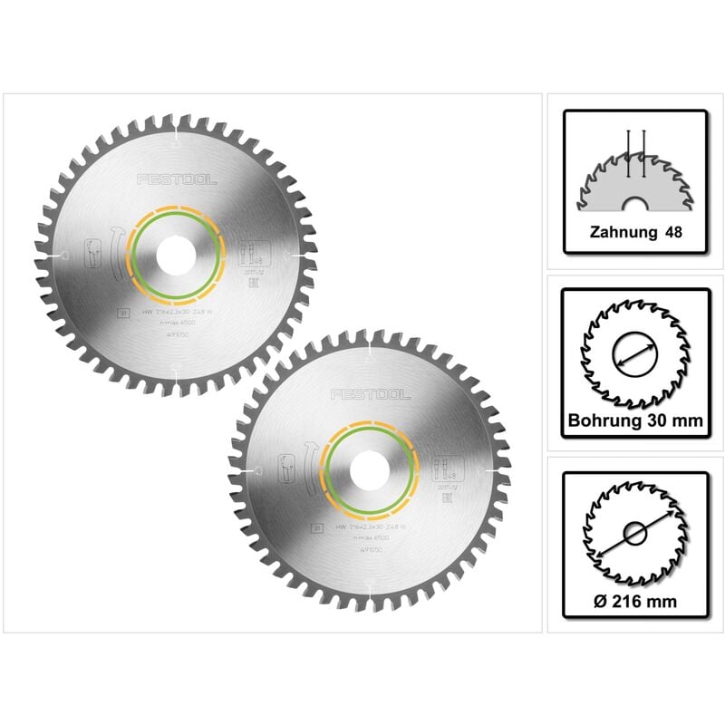 Festool - lame de scie à denture fine W48 2 pces ( 2x 491050 ) 216 x 2,3 x 30 fr symmetric sym 70
