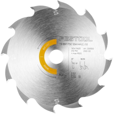 Festool – Lame de scie circulaire 160mm pour bois dur – Alésage 20mm – 12 dents – Coupe longitudinale précise – Acier haute qualité