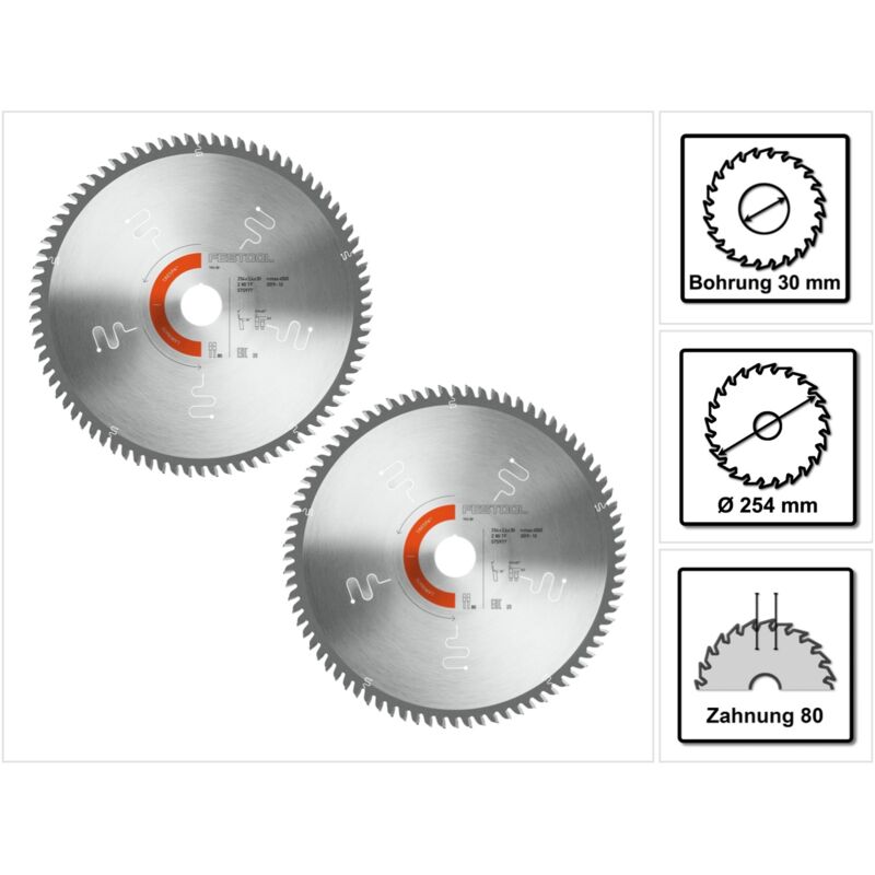 Jeu de lames de scie circulaire spéciales 2x TF80 l 254 x 2,4 x 30 mm ( 2x 575977 ) pour tks 80 scie circulaire de table - Festool