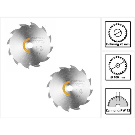 Festool – Lot de 2 lames de scie circulaire 160mm – Alésage 20mm – 12 dents PW pour bois dur – Coupe précise et rapide - TSC 55 K