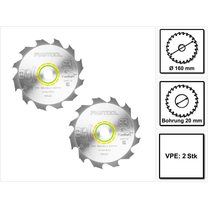 Festool - 2x Panther lame de scie circulaire PW12 bois 160 x 1,8 x 20 mm 160 mm 12 dents ( 2x 500460 ) hkc ts