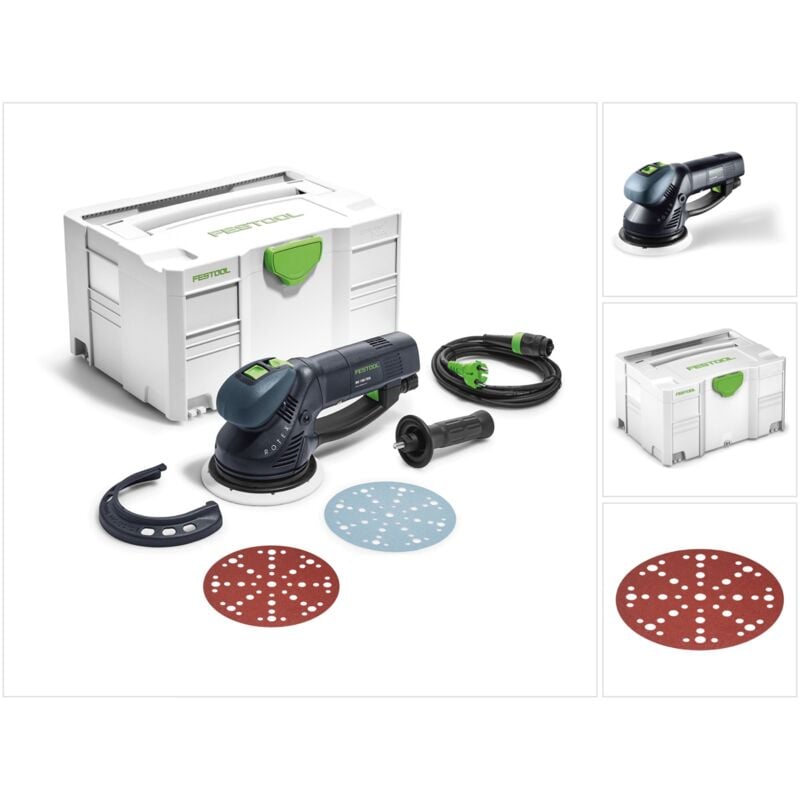 Festool RO 150 FEQ-Plus ROTEX Ponceuse roto-excentrique 720 W avec boîtier Systainer + Patin de ponçage MPE + 50x Abrasifs Rubin P150