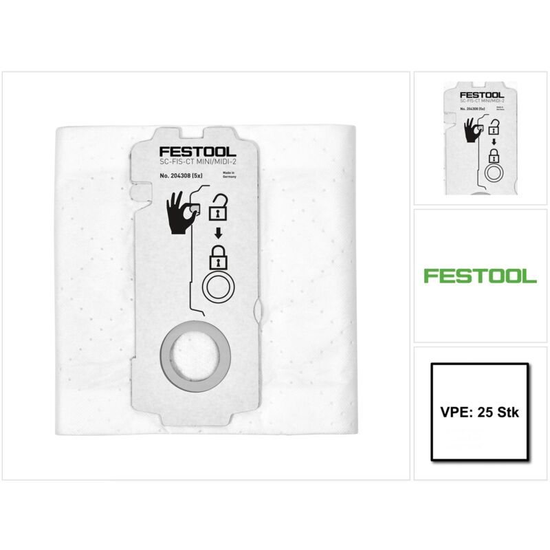 Selfclean sc-fis-ct MINI/MIDI-2/25 Sac filtre pour ct mini et ct midi fabriqués à partir de 2019 - 25 pcs. (5x 204308) - Festool