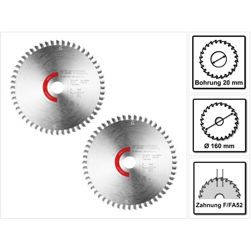 Stratifié/HPL hw 160 x 1,8 x 20 TF52 Lames de scie circulaire - 2x pièces (205554) pour scies plongeantes ts 55 f, tsc 55 k & scies circulaires