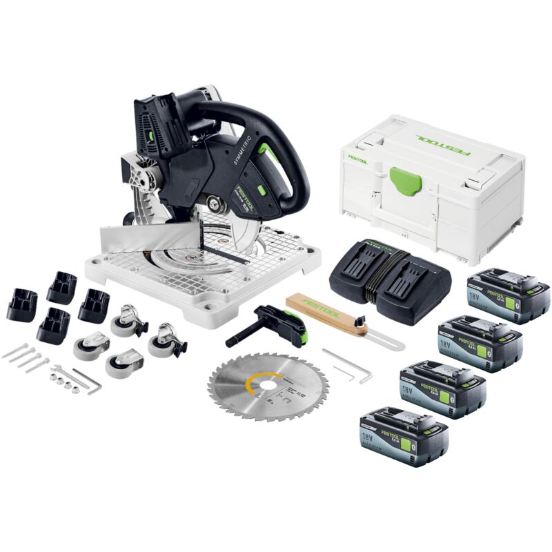 Symc 70 EB-Basic symmetric Scie à plinthes sans fil 36 v ( 2 x 18 v ) 216 mm + 4x batterie 8,0 Ah + double chargeur + Systainer - Festool