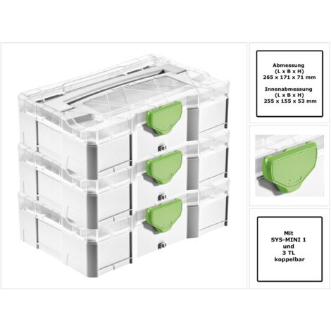 Festool T-LOC SYS MINI 1 TL TRA MINI Systainer 3 Stk. ( 3x 203813 ) Kleinteile Koffer transparenter Deckel koppelbar mit SYS-MINI 1 und 3 TL
