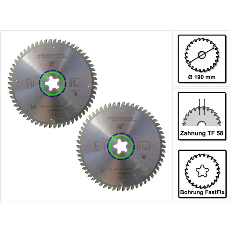 Jeu de lames de scie circulaire spéciales TF58 2x 190 x 2,6 mm 190 mm ( 2x 492051 ) 58 dents - Festool