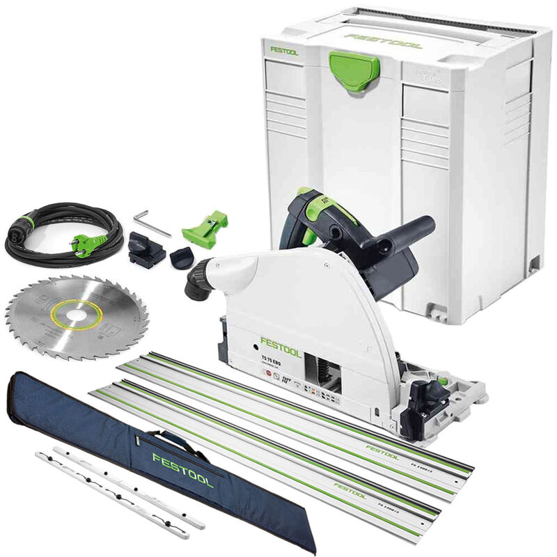 Image of TS75 110V Plunge Saw 561439 with 2 x Guide Rail + Connector & Bag - Festool