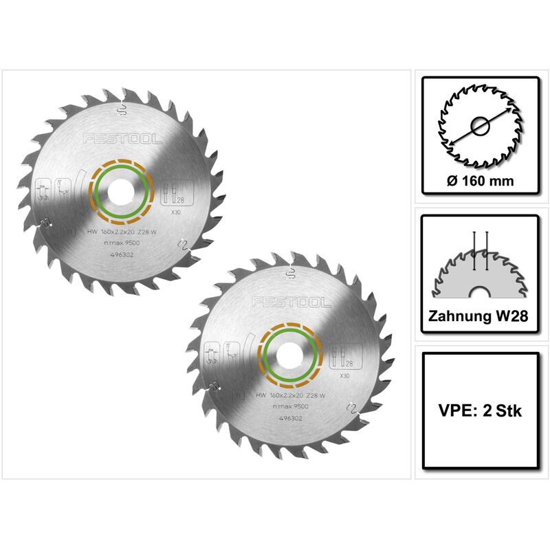 2x Sierra circular universal Festool W28 160 x 2,2 x 20 mm 160 mm 28 dientes ( 496302 ) ts tsc atf ap