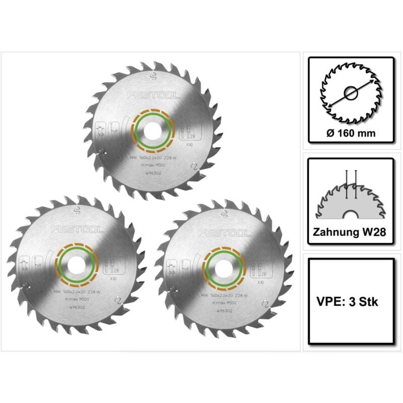 W28 Lames de scie circulaire universelles, 160 x 2,2 x 20mm, 160mm, 28 dents pour ts, tsc, atf et ap - 3 pcs. (496302) - Festool