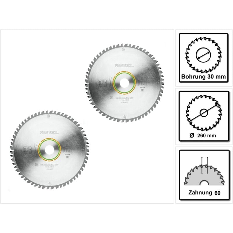 W60 Lame de scie circulaire wood universal 260 x 2,5 x 30 mm - pour scies à onglets radiales KS120 et KS88 - 2 pcs. ( 2x 494604) - Festool