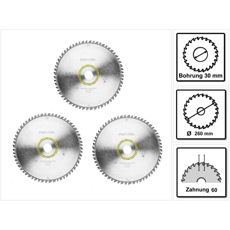 W60 Lame de scie circulaire wood universal 260 x 2,5 x 30 mm - pour scies à onglets radiales KS120 et KS88 - 3 pcs. (3x 494604) - Festool