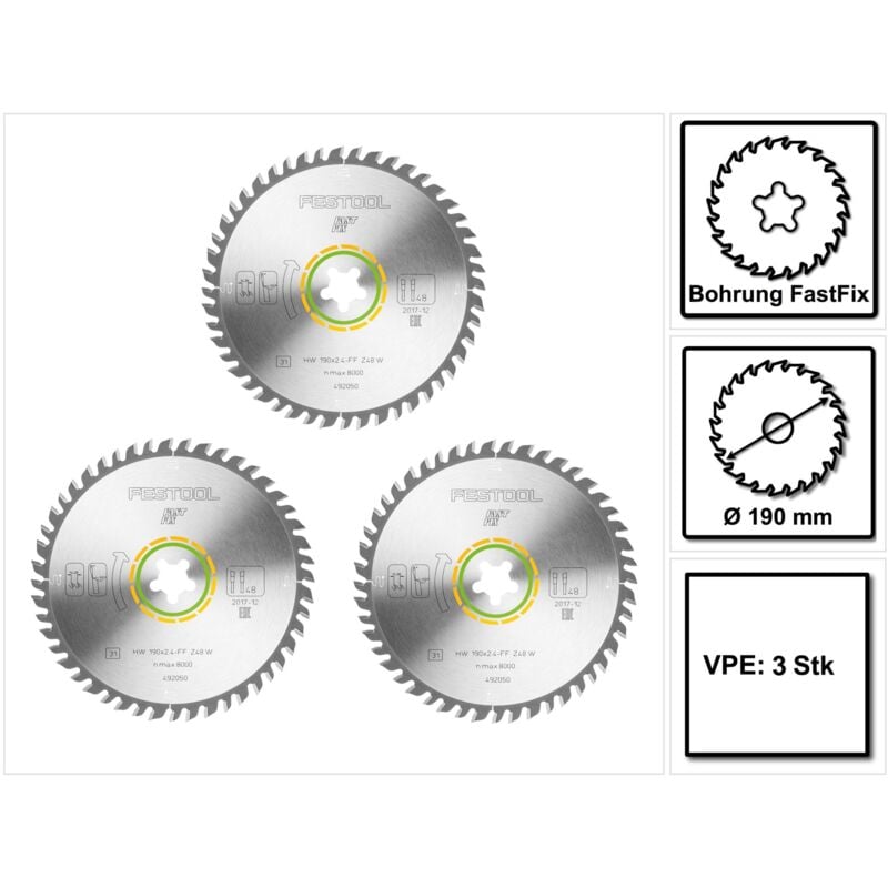 Image of Festool - wood fine cut hw Lama circolare a denti fini, 190 x 2,4 mm ff W48, 48 denti, FastFix, 3 pz. (3x 492050)
