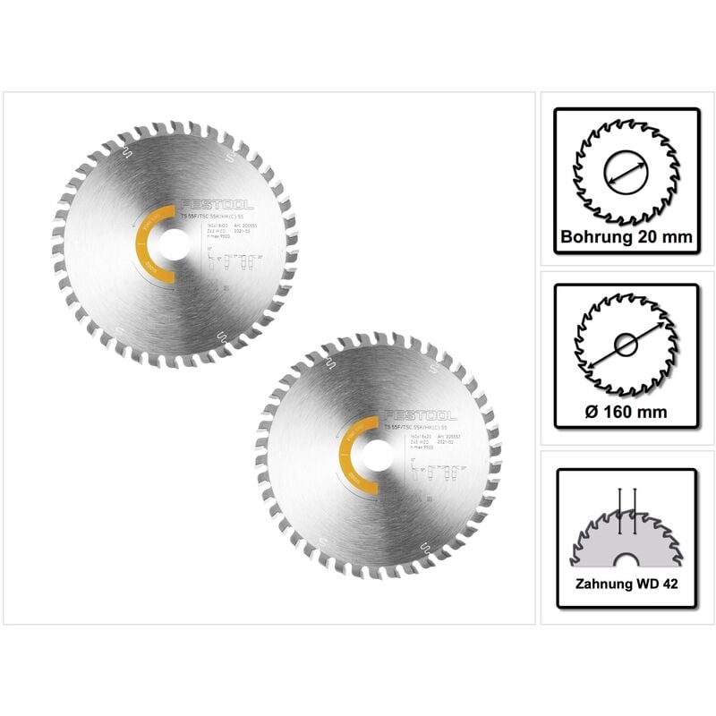 Festool - 2x lame de scie circulaire Wood Fine Cut hw 160 x 1,8 x 20 mm WD42 ( 2x 205553 ) pour scies plongeantes ts 55 f, tsc 55 k & scies