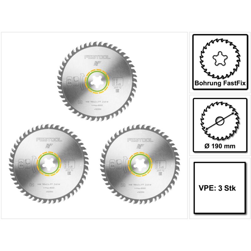 Wood fine cut hw Lame de scie circulaire denture fine, 190 x 2,4 mm ff W48, 48 dents, FastFix, 3 pcs. (3x 492050) - Festool