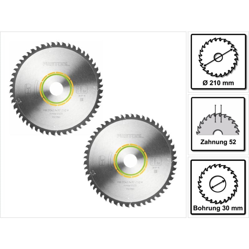 Festool WOOD FINE CUT Lame de scie circulaire denture fine, HW 210 x 30 x 2,4 mm W52, 2 pcs. (2x 493199)