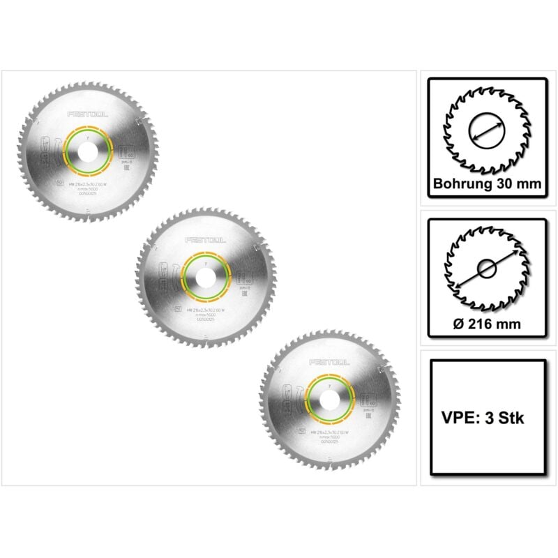 Festool WOOD FINE CUT Lame de scie circulaire denture fine, HW 216 x 2,3 x 30 mm W60, 60 dents, 3 pcs. (3x 500125)